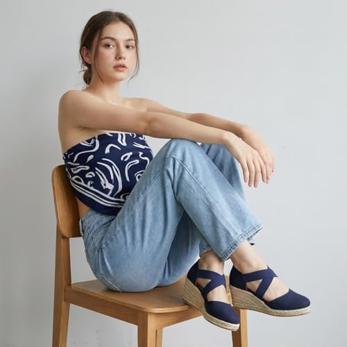 CUSHIONAIRE Chica Espadrille Wedge Sandals for Women Slip On Closed Toe Women Shoes with Elastic Straps and Stylish Everyday Comfort, NAVY 7W by CUSHIONAIRE - Used condition - Image 7
