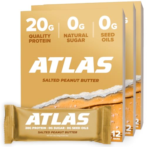 Image of Atlas Real Food Protein Bar - 20g Clean Protein, 0g Sugar, No Seed Oils, No Artificial Sweeteners (Salted Peanut Butter, 36 Count)