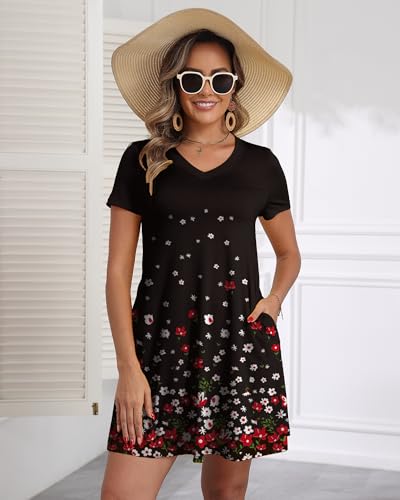 Image of COSSEN Women's Casual T Shirt Dress V-Neck Short Sleeves Swing Dresses Birthday Party Summer Travel Beach with Pocket
