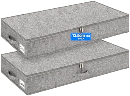Low Under Bed Storage Box with Lid, 2 Pack 12 CM Tall Low Underbed Storage Boxes with Sturdy Side & Bottom Support, Fabric Thin Shallow Under Bed Sofa Storage Organiser Bags for Clothes Duvets