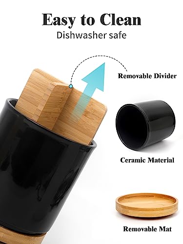 Image of LoeJan 3 Compartment Utensil Holder, Extra Large Utensil Crock, Stable Ceramic Utensil Organizer, Cooking Tool Organizer Set for Kitchen Counter Farmhouse Decor (D-Black(Grossy))