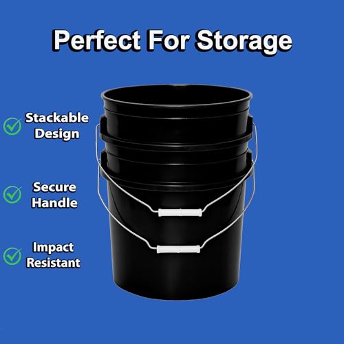 Image of MKS Plastics 5-Gallon Bucket with Airtight Lid - Made in USA, Food Grade BPA Free Plastic, Heavy Duty Multi-Use, Metal Handle with Grip, Stackable Storage - Black, 5 Pack