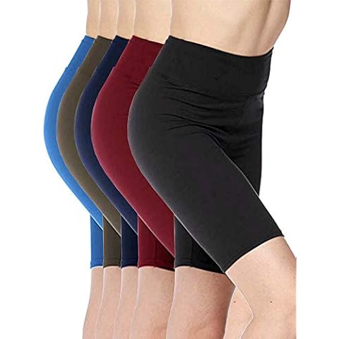 Kuda Moda 5 Pack Women's 3 inch Wide Waistband Biker Leggings Bike Shorts for Yoga Sports (Black/Burgundy/Navy/Royal/Gray, X-Large-XX-Large) Cover