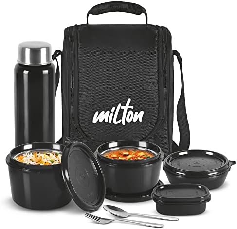 MILTON Pro Lunch Box with Steel Cutlery, 3 Microwave Safe Inner Steel Containers (180ml, 320ml, 450ml) Plastic Chutney Dabba 100ml, Bottle 750ml with Insulated Bag, Office Tiffin, Black