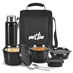 MILTON Pro Lunch Box with Steel Cutlery, 3 Microwave Safe Inner Steel Containers (180ml, 320ml, 450ml) Plastic Chutney Dabba 100ml, Bottle 750ml with Insulated Bag, Office Tiffin, Black - MSDeals