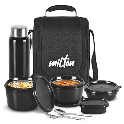 MILTON Pro Lunch Box with Steel Cutlery, 3 Microwave Safe Inner Steel Containers (180ml, 320ml, 450ml) Plastic Chutney Dabba 100ml, Bottle 750ml with Insulated Bag, Office Tiffin, Black - MSDeals