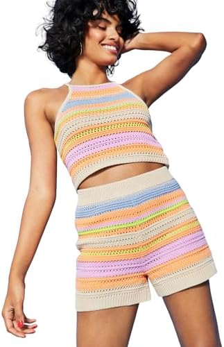 Womens Striped Crochet Shorts
