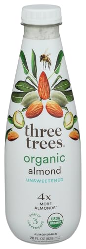 Three Trees Almond Milk Unsweetened, Organic, Plant Based, Dairy Free – 10.5g Protein, 4x More Almonds, Clean 4-Ingredient, Sugar Free, No Gum or Oil, Vegan, (28 FL OZ)
