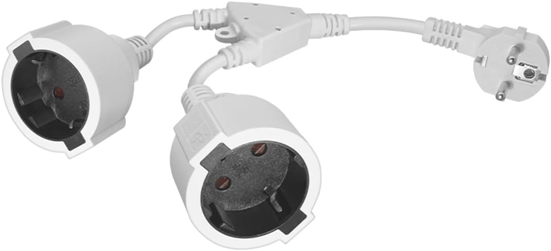 Europe Schuko 1 to 2 Outlet Power Cord Y Splitter,Elbow Plug Euro Schuko CEE7/7 Male Plug to 2X Schuko Female Socket Y Split Cord,EU 3 Prong Splitter Power Strip (Elbow 1-to-2, White, 1ft/30cm)