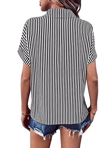 Floerns Women's Contrast Short Sleeve Button Down Collar Shirt Blouse Tops Black White Striped S #TOP23