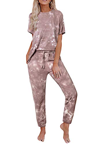 Women Tie Dye Two Piece Loungewear Set Tracksuits Casual Short Sleeve Tshirt Jogger Pants Sweatsuits Coffee XL