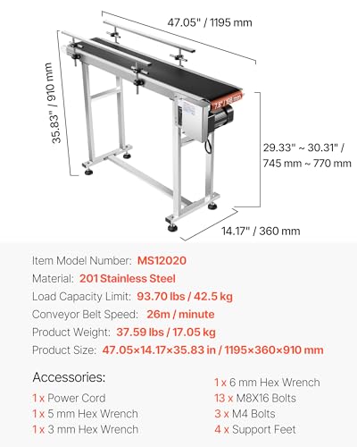 BestEquip Belt Conveyor Length 47-Inch, PVC Conveyor Belt Width 7.8-Inch, Motorized Conveyor Industrial Transport Conveyor, w/Double Guardrails Anti-Static Adjustable Conveyor Table Electric Handling