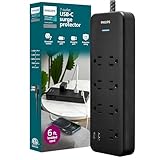Philips 7-Outlet Surge Protector Power Strip with USB, 1 USB-A, 1 USB-C, 6 Ft Braided Extension Cord, Mutli Plug Outlet Extender, Adapter-Spaced, Charging Station, 15W, 1500 Joules, Black, SPP3703B/37