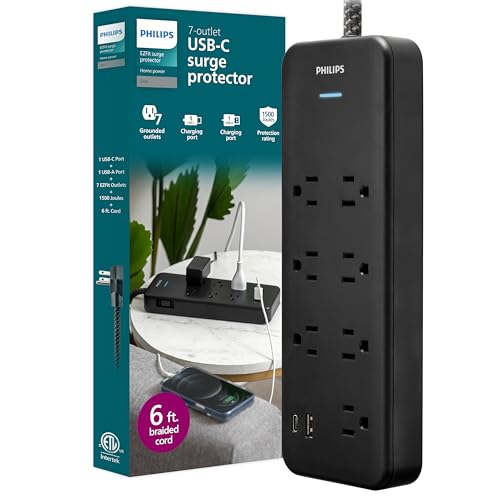 Philips 7-Outlet Surge Protector Power Strip with USB, 1 USB-A, 1 USB-C, 6 Ft Braided Extension Cord, Mutli Plug Outlet Extender, Adapter-Spaced, Charging Station, 15W, 1500 Joules, Black, SPP3703B/37