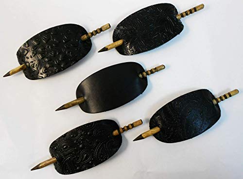 Made In Usa - 2 Large Genuine Thick Leather Hair Barrettes W Sticks, Oval Shape Ponytail Holders, Choice Of Designs #TOP1