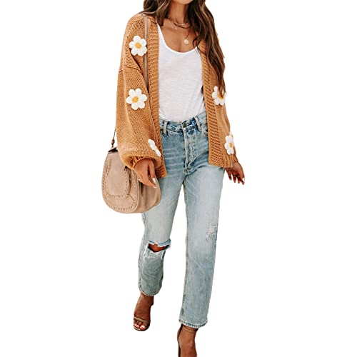Women Crop Cardigan Sweater Long Lantern Sleeve 3D Flower Open Front Y2K Knit Cardigan Kawaii Crochet Sweater Tops (Camel+Flower, S) #TOP5