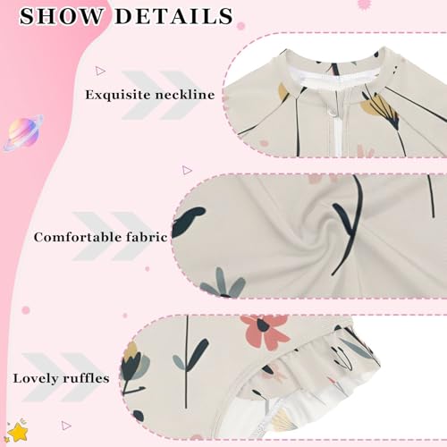 Girls One Piece Swimsuits Long Sleeve Swimsuit Zipper Bathing Suits Muted Color Floral Beige3