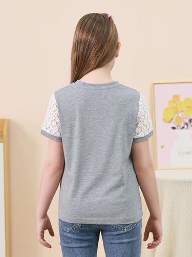 Image of GORLYA Girls Lace Sheer Sleeve Contrast T-Shirt Short Sleeve V Neck Casual Modest Tee Tops for 6-16Y