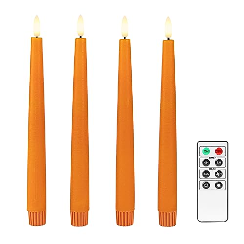 Fanna Orange Real Wax Flameless Taper Candles with Timer, Battery Operated Led Candlesticks for Halloween, Harvest and Fall, Remote and Batteries Included - Set of 4