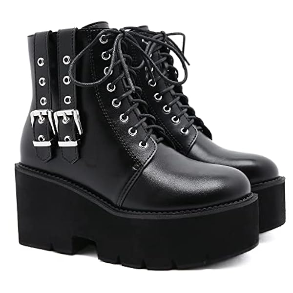 Dames enkel veter omhoog militaire gevechtsschotels zijde met dubbele buckle veter omhoog midden kalf laarzen platform Goth Punk Boots