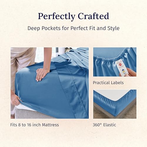 California Design Den Natural 100% Cotton Bed Sheets Full Size Set - Luxury 600 Thread Count Sateen, Hotel Quality Cooling Sheets, Fully Elasticized Deep Pockets, Crisp and Durable - Parisian Blue