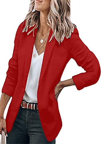 OMZIN Femmes Elégant Blazer Manches Longues Devant Ouvert Couleur Solide Travail Bureau Vestes Blazer Rouge XL