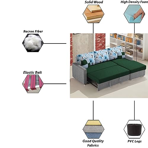 Image of Orland 4 Seater LHS L Shape Sofa Cum Bed for Living Room | Color - Green Grey | Premium Fabric Sofa