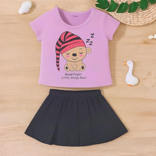 Image of Kidbea Baby Girl Bear Printed Cotton Top with Skirt Set | Comfortable, Stylish or Casual Outfit for Kids (Purple, 6-12 Months)