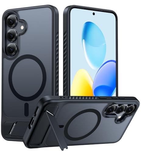 Image of FNTCASE for Samsung Galaxy S25-Plus Case: [Magnetic Stand] [Compatible with Magsafe] Translucent Matte Military Grade Shockproof Drop Rugged Protective Phone Cover, Black