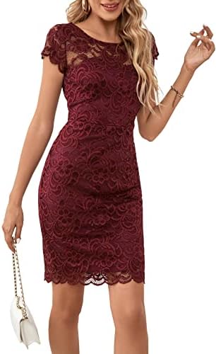 ODCOCD Women's Knee Length Short Sleeve Elegant Lace Dresses/Linning Dresses (7048_Burgundy, M)