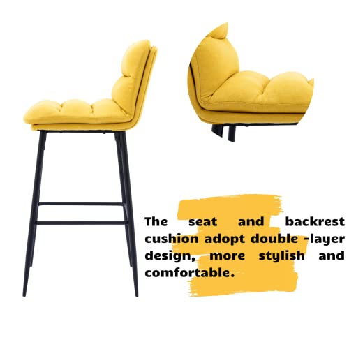 Heah-Yo Modern Bar Stools Set Of 2, 30 Inch Counter Height Bar Chairs With Back And Black Metal Legs, Linen Fabric Armless Kitchen Stools For Island, Yellow #TOP5