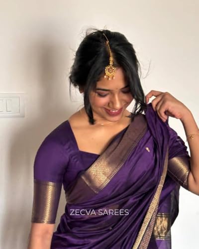 Image of ZECVA Women's Pure Soft Spun Cotton Lichi Silk Saree For Women With Attach Unstitch Blouse Piece