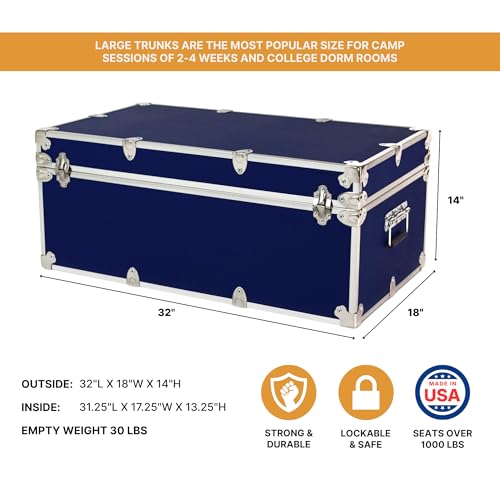 Image of Rhino Trunk & Case Large Essential Trunk With Wheels 32 inchx18 inchx14 inch, 1000+ lbs Capacity - Many Colors. Strong, USA Made Summer Camp Footlocker, and Secure College Dorm Storage Chest