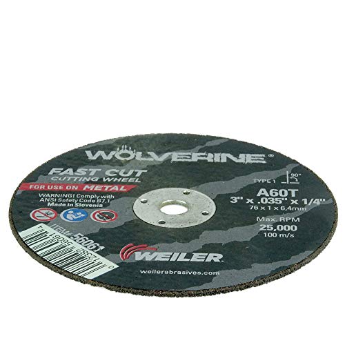 Image of Weiler 56061 3-Inch Cutting Wheel, Wolverine AO Steel /Metal Fast Cut, Value Cutting, 0.035 inch A60T Type 1 1 /4 inch Arbor (Pack of 100)
