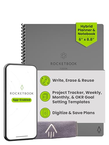 Rocketbook Fusion Hybrid Reusable Planner and Notebook in One, Additional Blank Pages, Goal and Project Tracker, Undated Planner, Executive Size 6x8.8, Grey (Pack of 1)