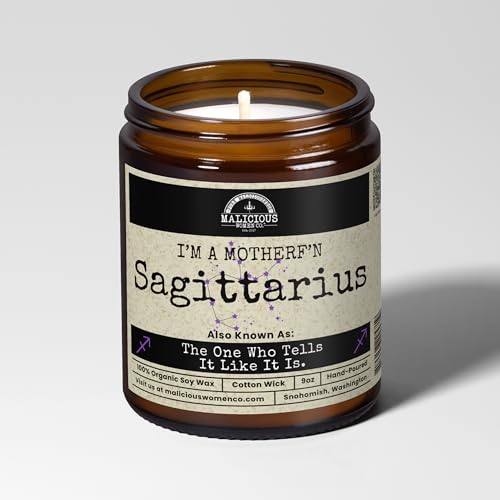 Malicious Women Candle Co. Sagittarius Zodiac Candle | Astrology Gift for Women & Men | 9 oz 100% Organic Soy Wax | Grapefruit Negroni Scented Jar | Funny Birthday Home Decor Gift | White Jar
