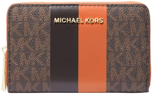 Image of Michael Kors Jet Set Small Zip Around Card Case, Gold-Tone Hardware /Signature with Center Stripe /Orange Punch