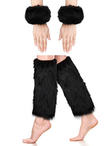 2 Pairs Faux Fur Cuffs Furry Long Leg Warmer Wrist Cuff Warmer Boot Cuff (Black)