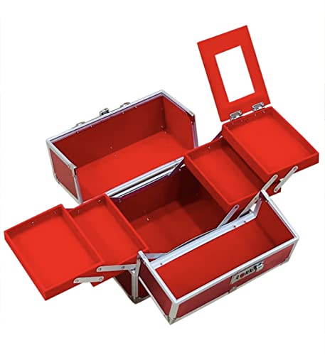 Image of ADSON Professional Beauty Makeup Box Cosmetic Vanity Box /Case 4 Trays With Mirror (Diamond Cut Red)