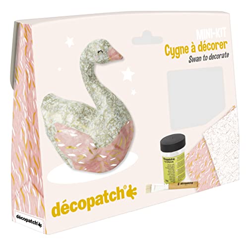 Décopatch KIT027C - Un mini-kit comprenant un animal en papier pulpé blanc, 2 feuilles Décopatch, un pinceau et un pot de vernis colle, Cygne