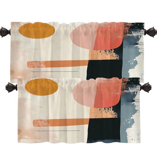 Shrahala Modern Abstract Artwork Blackout Short Curtains for Windows, Orange Black Beige Pink Kitchen Valance Thermal Insulated Rod Pocket Window Treatment for Bathroom 2 Pack 52 X 18 in