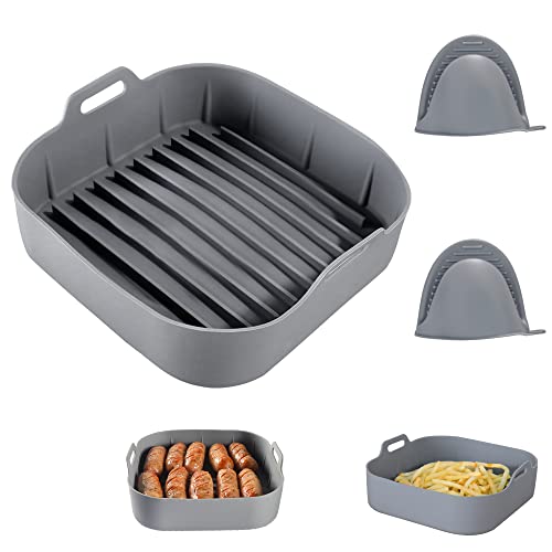 Air Fryer Silicone Liners, Reusable Silicone Pots for Food Safe with Heat-Proof Gloves, Air fryers Oven Accessories Liners Basket, 8 Inch for 4 to 7 QT - Square