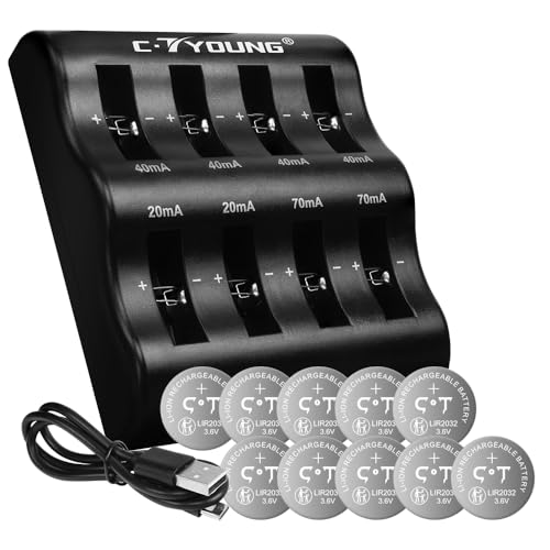 2032 Rechargeable Button Batteries 3.6V 10Packs with Lir2032 Coin Charger 8 bays Replacing cr2032 3v Lithium Battery for Scale, Airtag, Car key Fob