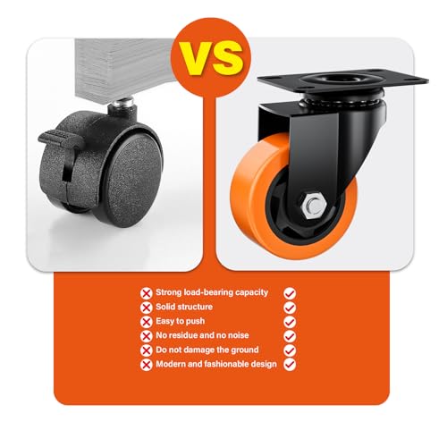Image of 3 Inch Caster Wheels, Casters Set of 24 Heavy Duty, Orange Polyurethane (PU) Casters, Industrial Swivel Top Plate Castor Wheels for Workbench /Furniture /Cart (Pack of 24)