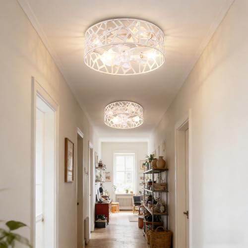 Image of Flush Mount Fandelier Ceiling Fan with Lights and Remote, 18 inch Caged Ceiling Fan with Light Vintage White, Farmhouse Ceiling Fans for Bedroom, Kitchen, Living Room