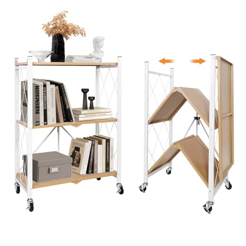 Image of 3 Tier Folding Shelf with Wheels, Metal Steel Collapsible Shelves | No Assembly, Portable Folding Storage Shelves, Rolling Standing Utility Rack for Kitchen, Office, Bedroom, Natural