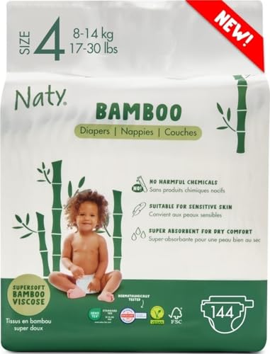Image of Naty Bamboo Viscose Baby Nappies – Silky Soft, Plant Based Nappy, Dermatologically Tested for Sensitive Skin & Super Absorbent (Size 4, 144 Count)