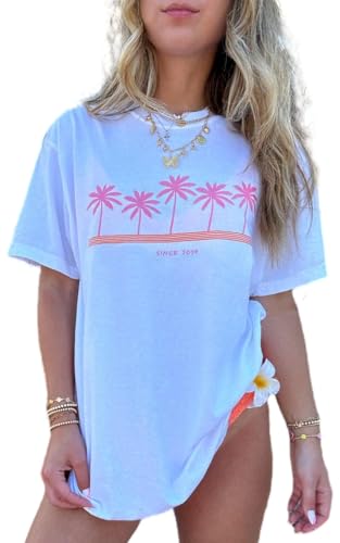 Vintage Oversized Flower Graphic Tees Cute Surfboard Palm Baggy T-Shirts Summer Preppy Beach Tops Teen Girls Clothes