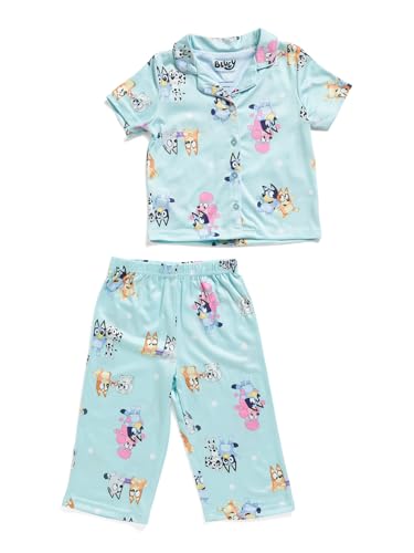 Centric Brands Bluey Girls’ 2-Piece Pajama Set – Button-Down Collared Top & Pants – Featuring Bluey, Bingo, Coco, Lila