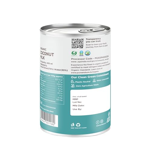 Image of Pure & Sure Organic Coconut Milk 400ML | 100% Naturally Processed Unsweetened Nariyal Milk | Rich & Creamy Texture for Cooking & Baking | Enriched With Nutrients | No Additives